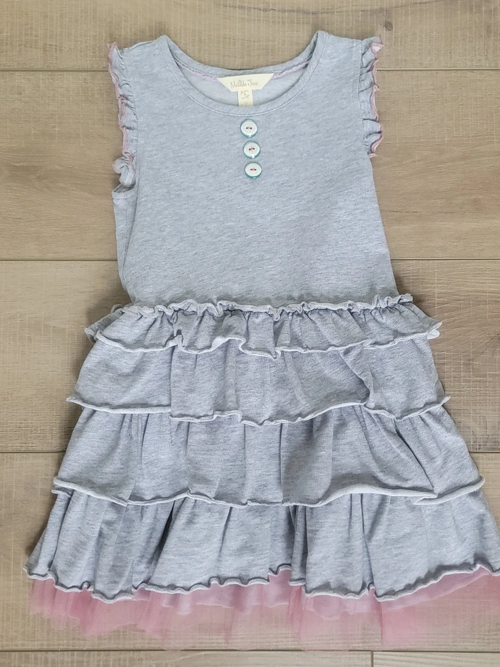 Matilda Jane Girls Pink Tulle Ruffle Twirl Gray Cotton Sleeveless Dress Size 4